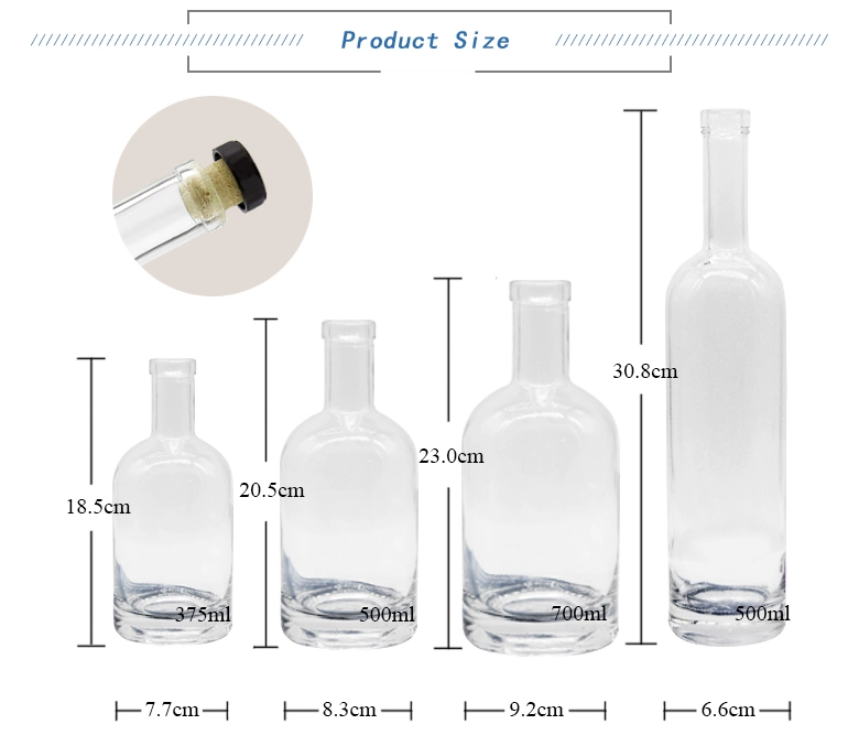 Liquor Bottles 375ml 500ml 750ml Wine Vodka Whisky Glass Bottle with Cork Lid